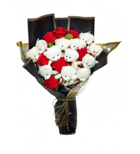 Sevimli Beyaz Ayıcık ve Gül Buketi (~60 cm)